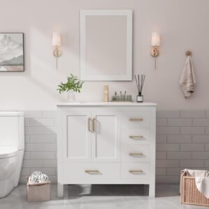 deygia 36" bathroom vanity with sink with faucet, single sink bathroom vanity with 5 drawers, mirror, pedestal,ceramic countertop, ceramic sink, soft-close doors (white)