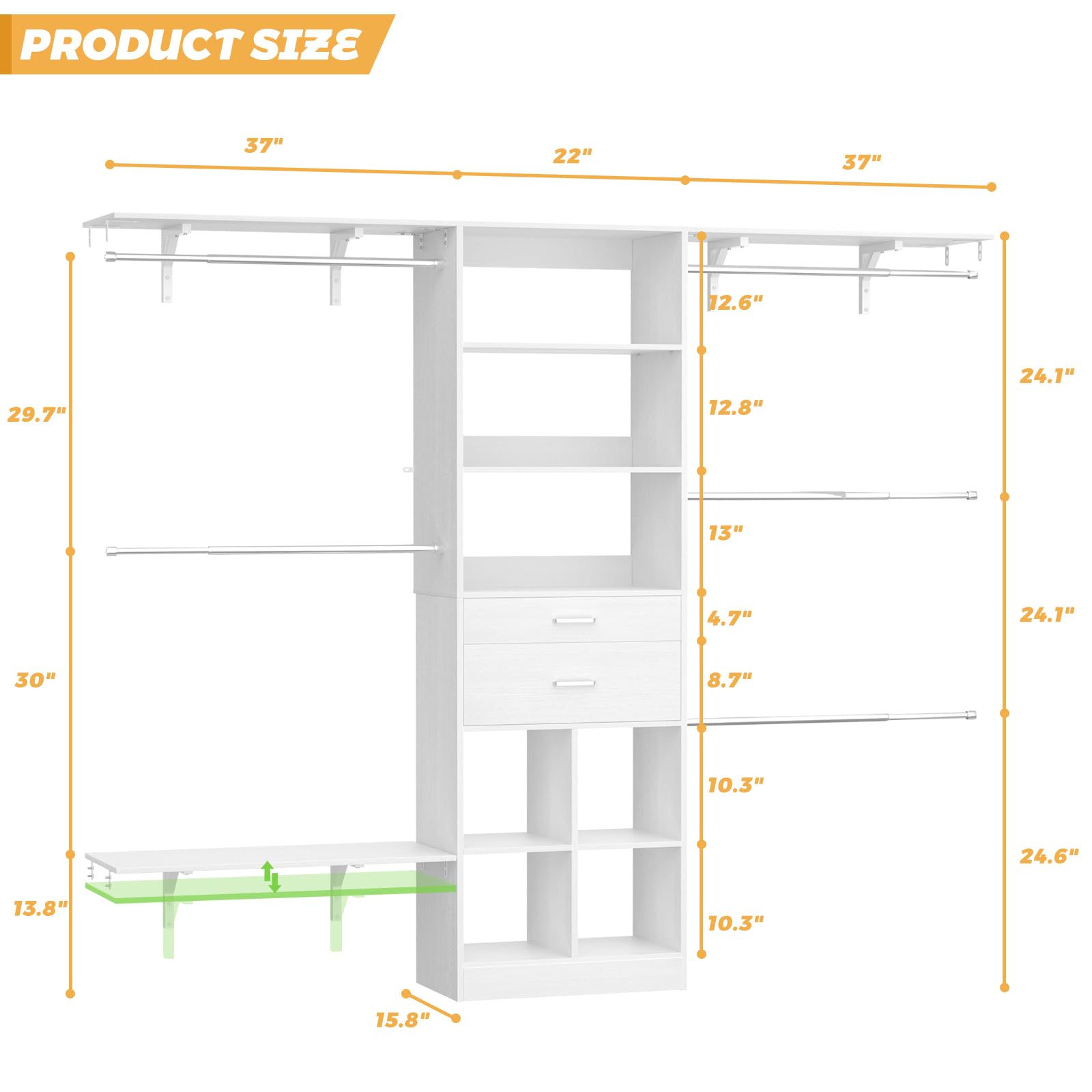 Besiost Closet System - 4.75-8FT Closet Organizer System with Wooden Drawers & Cube Storage Organizer, Up To 96" Closet Systems for Nursery & Walk-In Closets with Cuttable Hanging Shelving, White