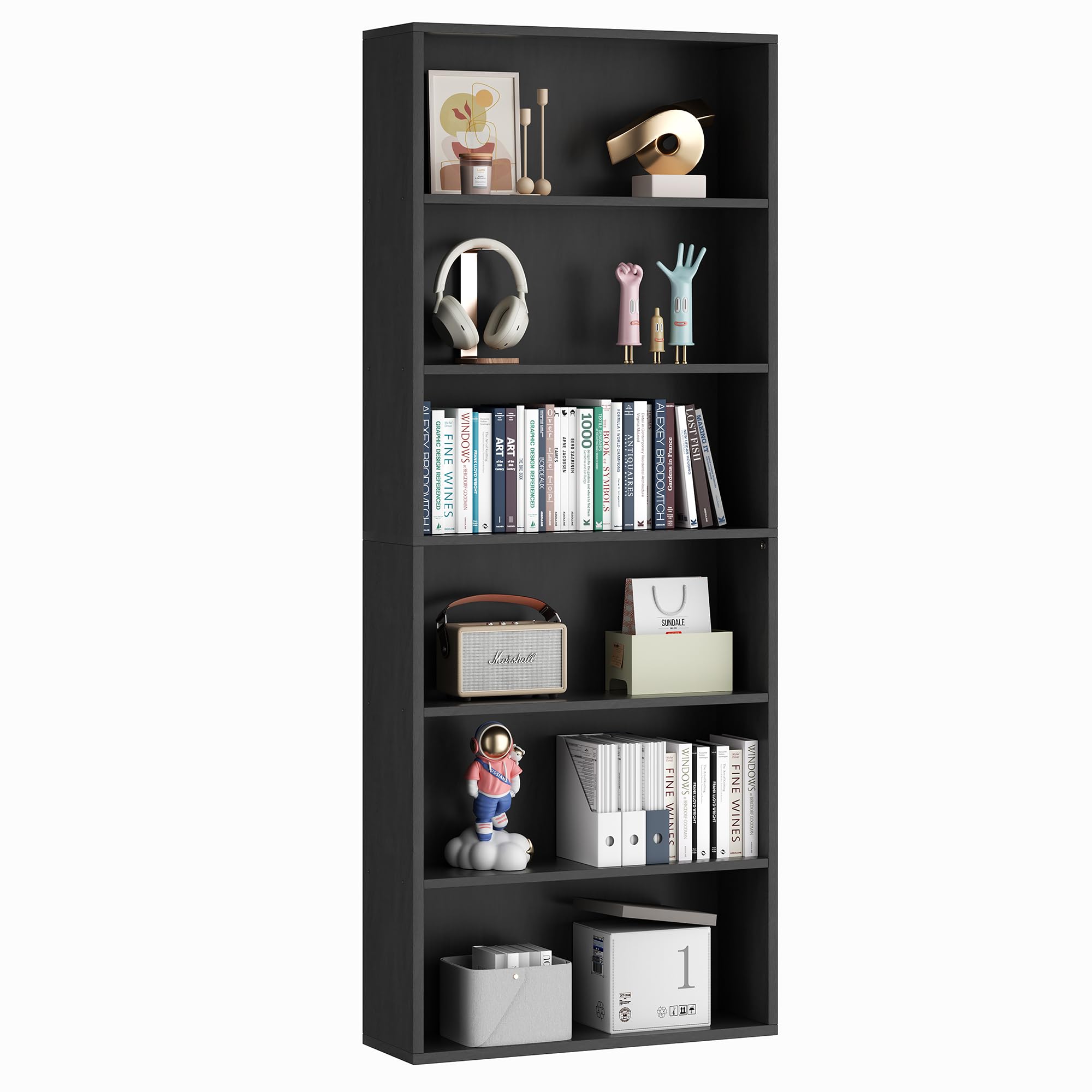 Vongrasig 6-Tier Open Bookcase and Bookshelf, Floor Standing Wood Display Storage Shelves 71 Inch Tall Bookcase Home Decor Furniture for Home Office, Living Room, Bed Room, Black