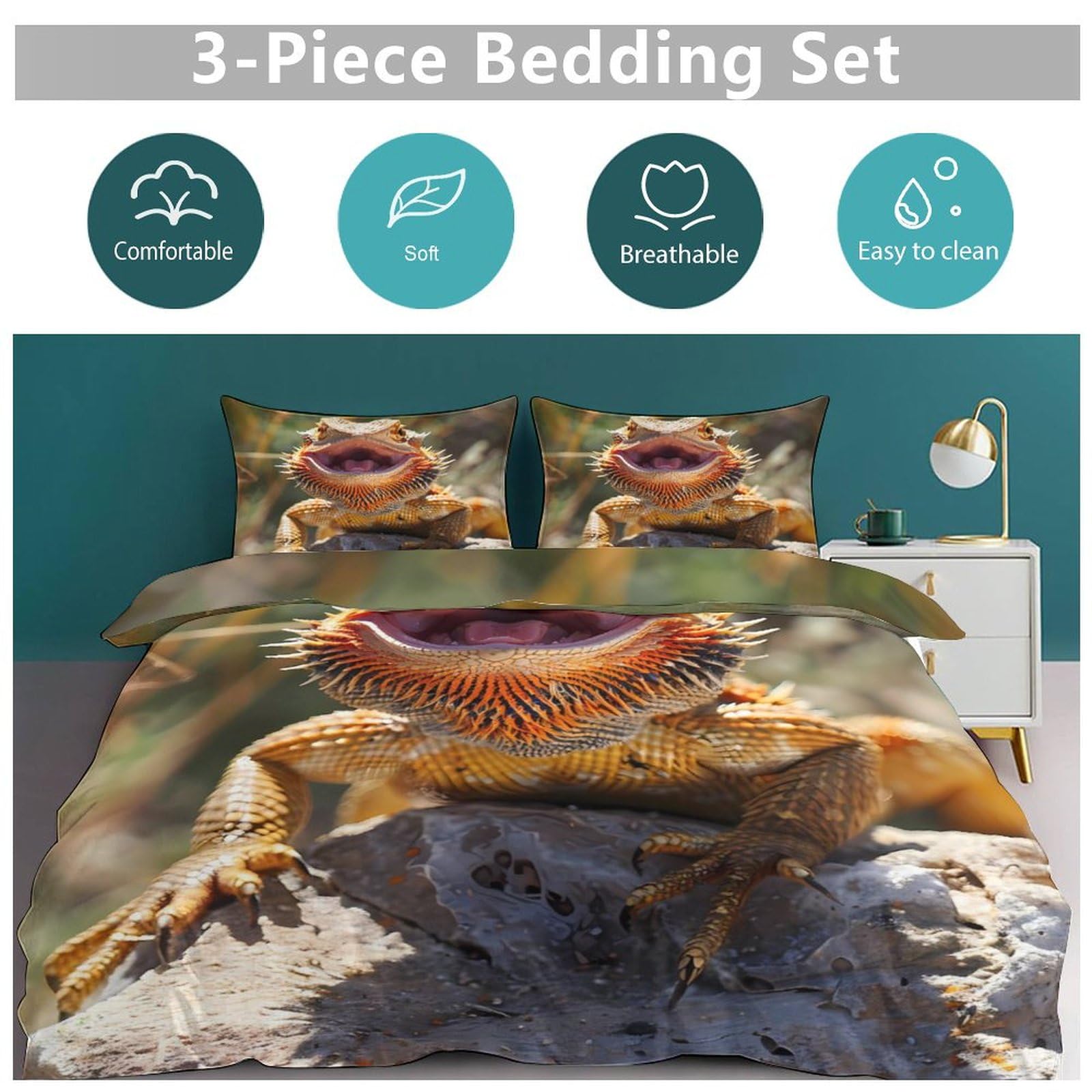 Cool Bearded Dragon Lizards Duvet Cover Set 3 Piece Comforter Cover Bedding Sets 1 Duvet Cover and 2 Pillow Shams 102"x90"