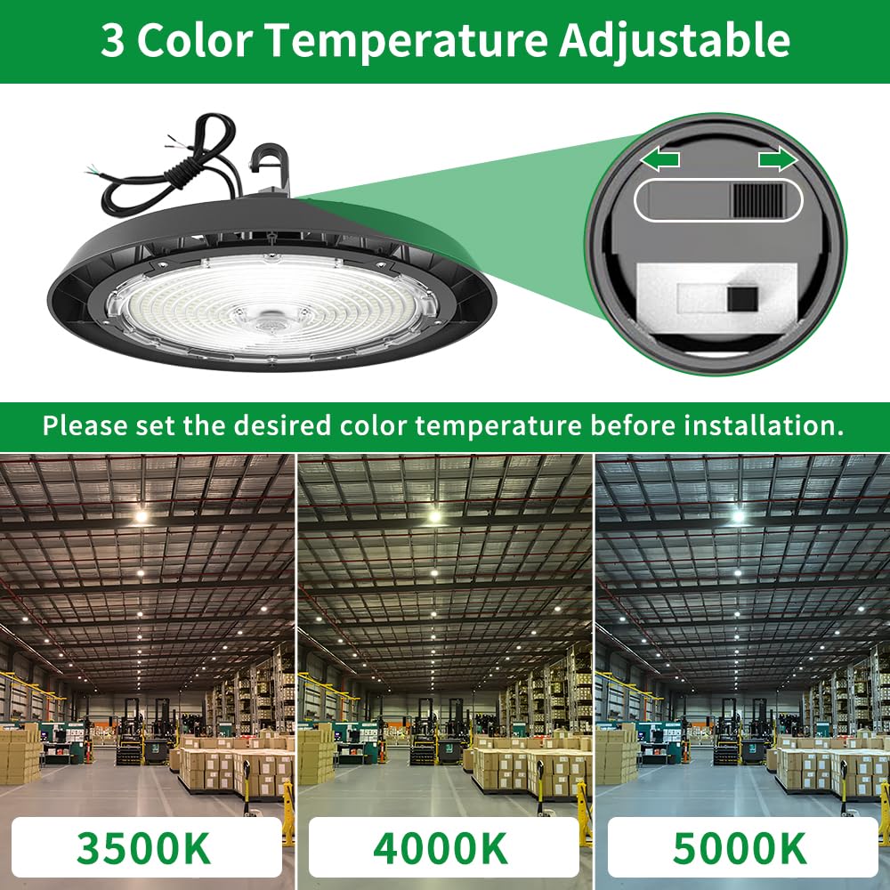 UFO LED High Bay Light with Sensor Base, 120-277Vac, 180W to 240W Adjustable Watt and CCT 3500K to 5000K, IP65 Commercial Bay Lights with 6ft Wire, 0-10V Dim Warehouse Lighting, ETL Listed, 1PK