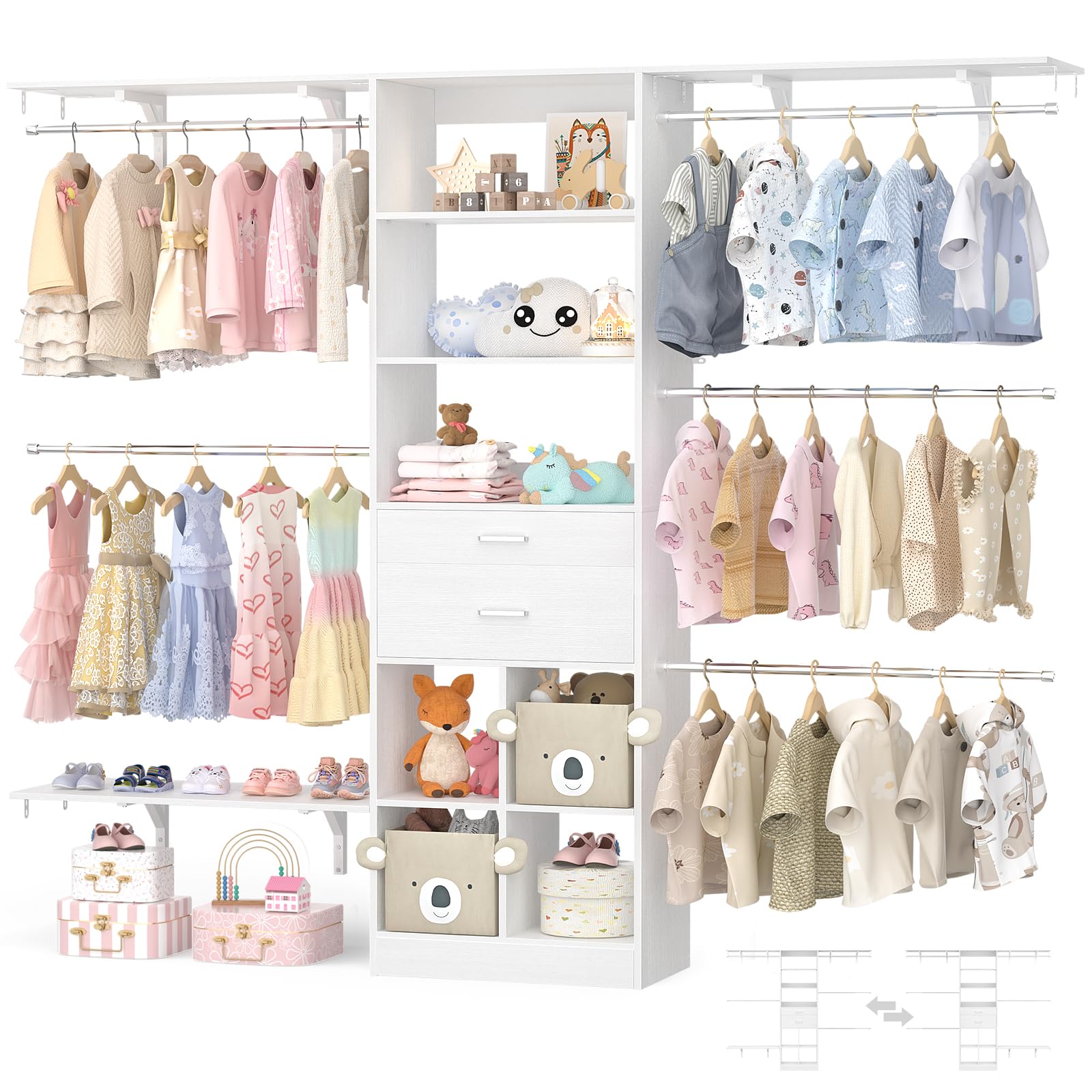 Besiost Closet System - 4.75-8FT Closet Organizer System with Wooden Drawers & Cube Storage Organizer, Up To 96" Closet Systems for Nursery & Walk-In Closets with Cuttable Hanging Shelving, White