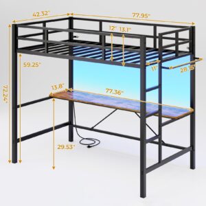 DICTAC Loft Bed Twin Size with Desk and Led Lights Twin Metal Loft Bed with Charging Station Twin Size Metal Bed Frame with Safety Guard & Ladder, Space-Saving,No Noise,No Box Spring Needed, Black