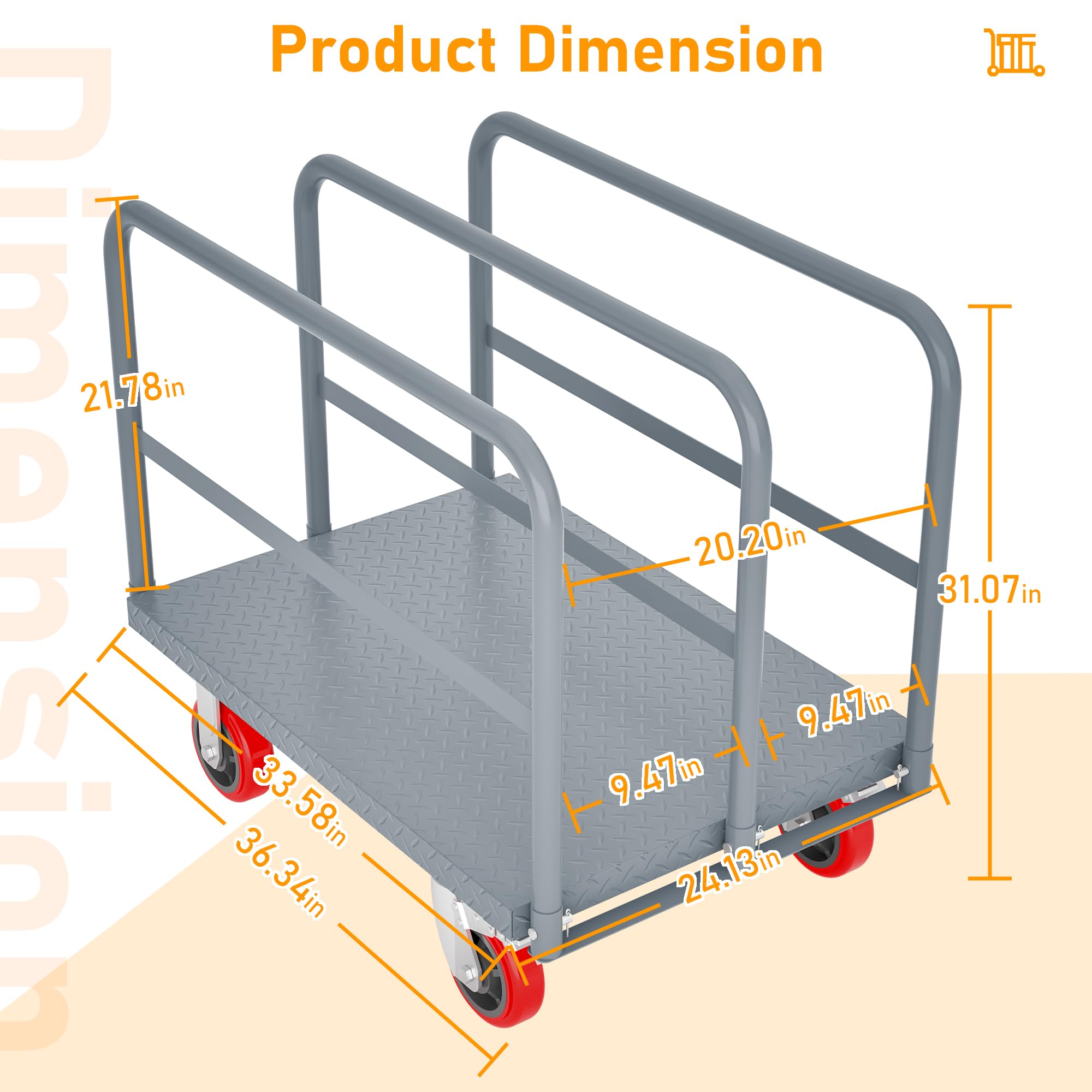 Steel Panel Truck, Heavy Duty Drywall Cart Lumber Cart Platform Truck Flat Cart, 2000lbs Hand Truck Push Cart Dolly with 6" Swivel Brake Casters and 3 Side Handrails(36" x 24")