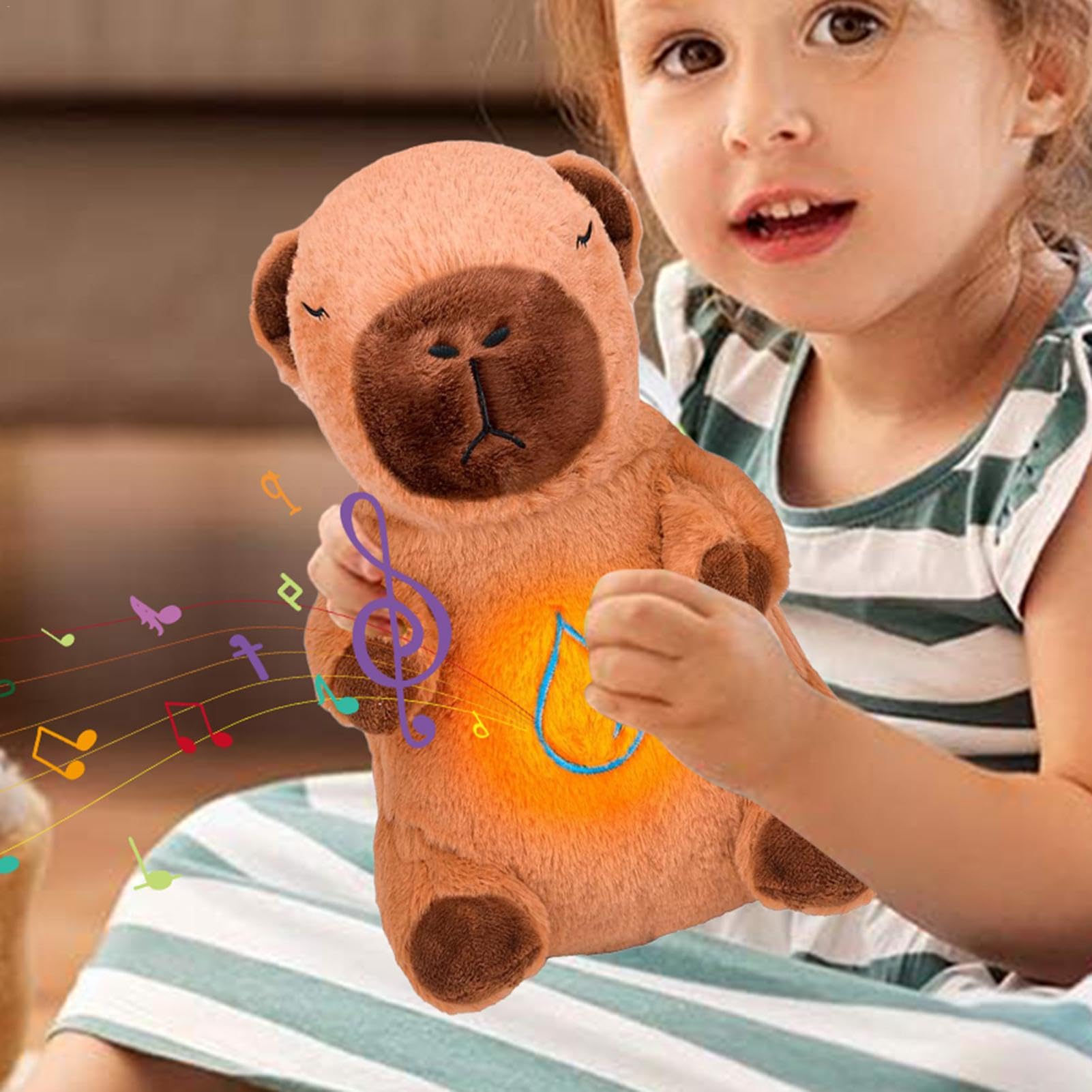 Huvqianu Capybara Plush Toy, Soothing Stuffed Animals, Light-Up Plush Doll, Stress Relief Plushie, Musical Plush Toy, Soft Capybara Pillow, Breathing Plush Toy for Adults and Kids