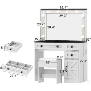 35.4" Makeup Vanity Desk with Mirror and Lights and Chair, Glass Tabletop Farmhouse White Rustic Vanity Desk, Easily Assembled 3 Color Lighting Mode Makeup Vanity for Women (Glass Top)