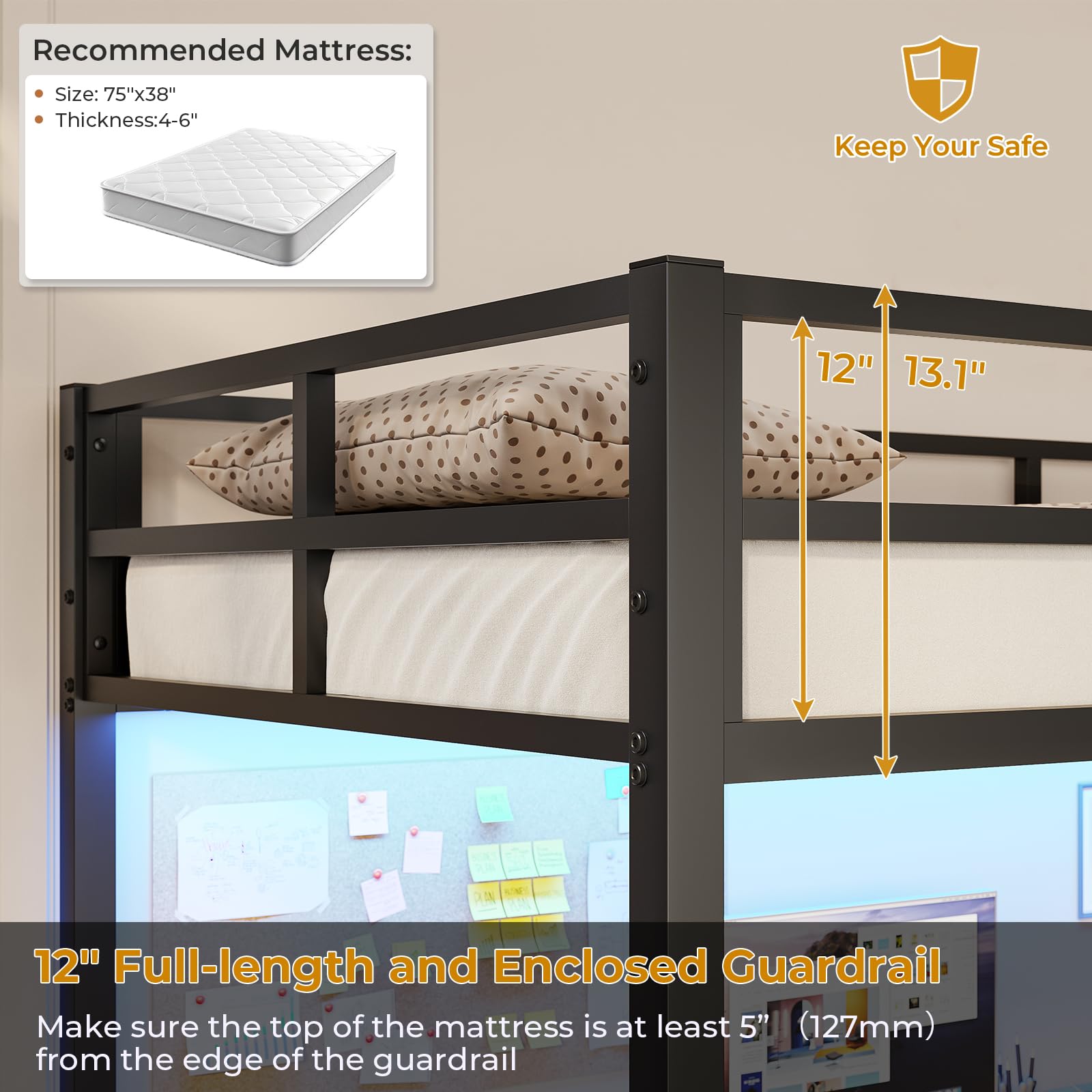 DICTAC Loft Bed Twin Size with Desk and Led Lights Twin Metal Loft Bed with Charging Station Twin Size Metal Bed Frame with Safety Guard & Ladder, Space-Saving,No Noise,No Box Spring Needed, Black