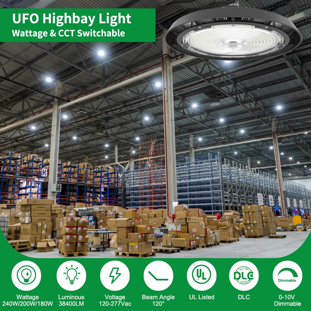 UFO LED High Bay Light with Sensor Base, 120-277Vac, 180W to 240W Adjustable Watt and CCT 3500K to 5000K, IP65 Commercial Bay Lights with 6ft Wire, 0-10V Dim Warehouse Lighting, ETL Listed, 2PK