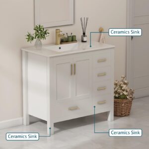 DEYGIA 36" Bathroom Vanity with Sink with Faucet, Single Sink Bathroom Vanity with 5 Drawers, Mirror, Pedestal,Ceramic Countertop, Ceramic Sink, Soft-Close Doors (White)