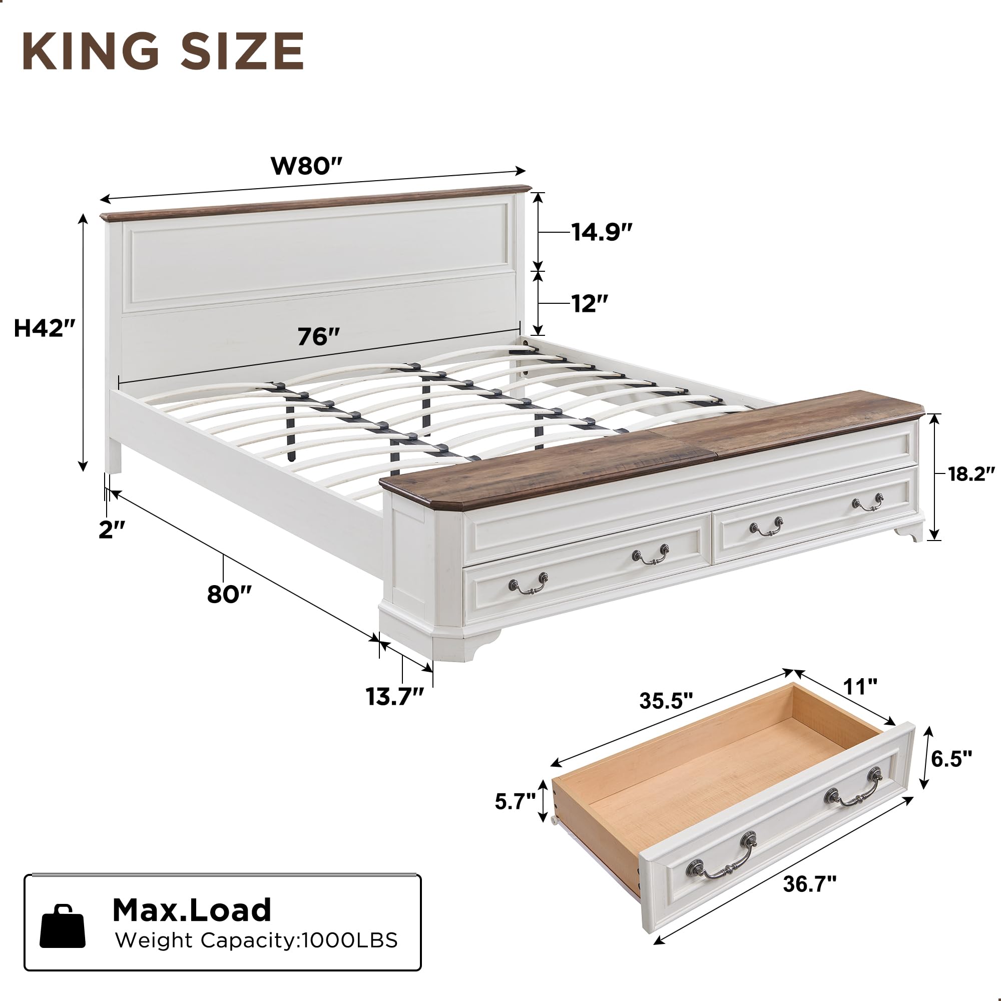 T4TREAM Farmhouse King Bed with Headboard and Storage Bench, Rustic Wood Platform Bed with 80" Storage Chest w/ 4 Large Storage Drawer, Antique White