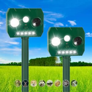 2 pack solar animal repellent outdoor ultrasonic animal deterrent cat repellent with motion sensor flash light to keep cat deer squirrel skunks rabbit dog raccoon out of yard lawn permanently