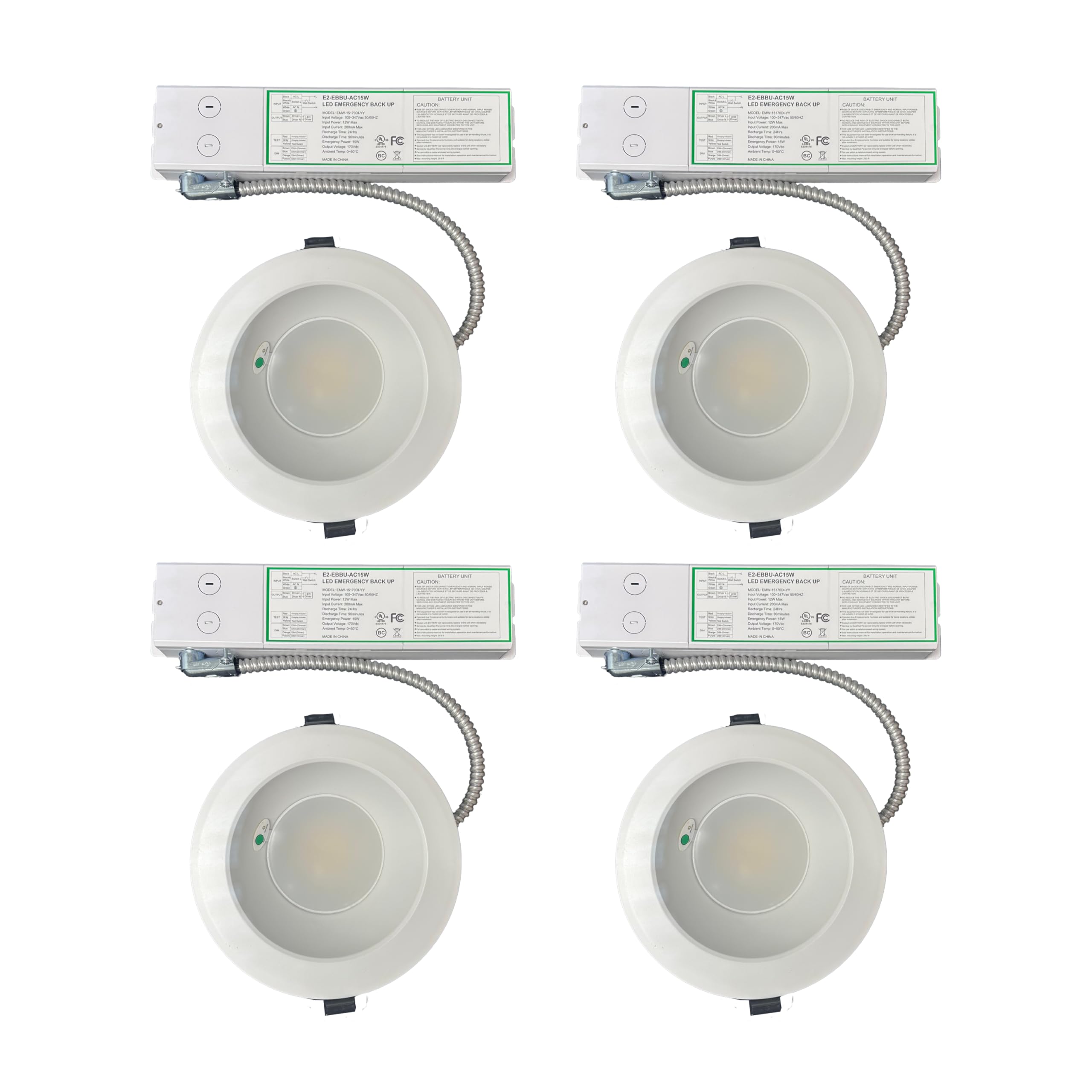 E2 Lighting Commercial Downlight, 6 Inch LED Panel, 3 CCT Tunable, Wattage Tunable 8W/12W/16W, 3000K/4000K/5000K, 15W Emergency Battery Backup, 90 Mins, 4 Pack, AC 100-277V, Recessed Light