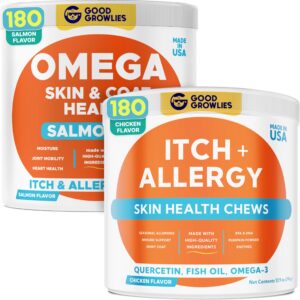 omega 3 + dog allergy bundle - skin & coat supplement + itchy skin relief chews - omega 3, epa&dha fatty acids - allergy support, itching & licking relief - skin & coat care - 360 chews - made in usa