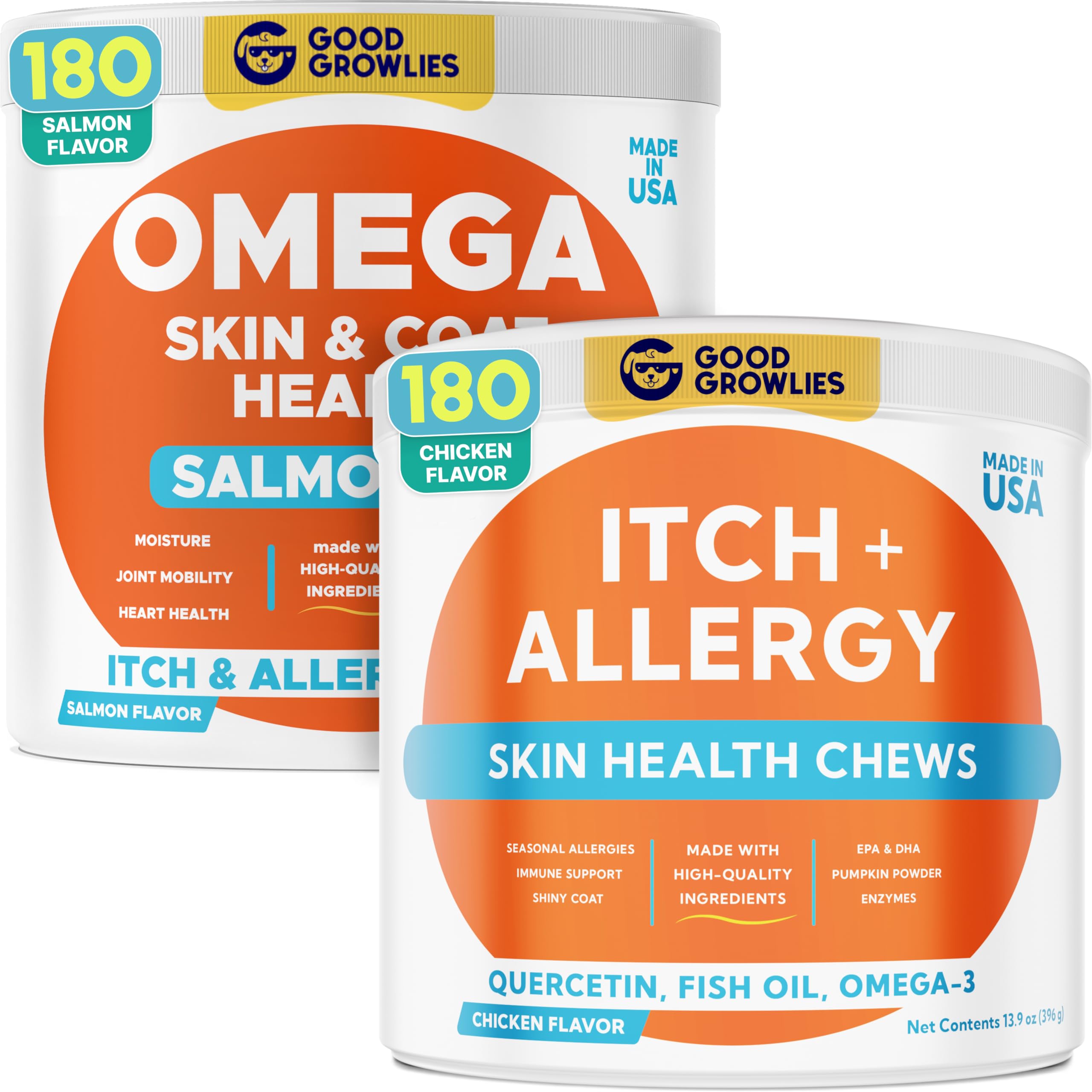 Omega 3 + Dog Allergy Bundle - Skin & Coat Supplement + Itchy Skin Relief Chews - Omega 3, EPA&DHA Fatty Acids - Allergy Support, Itching & Licking Relief - Skin & Coat Care - 360 Chews - Made in USA