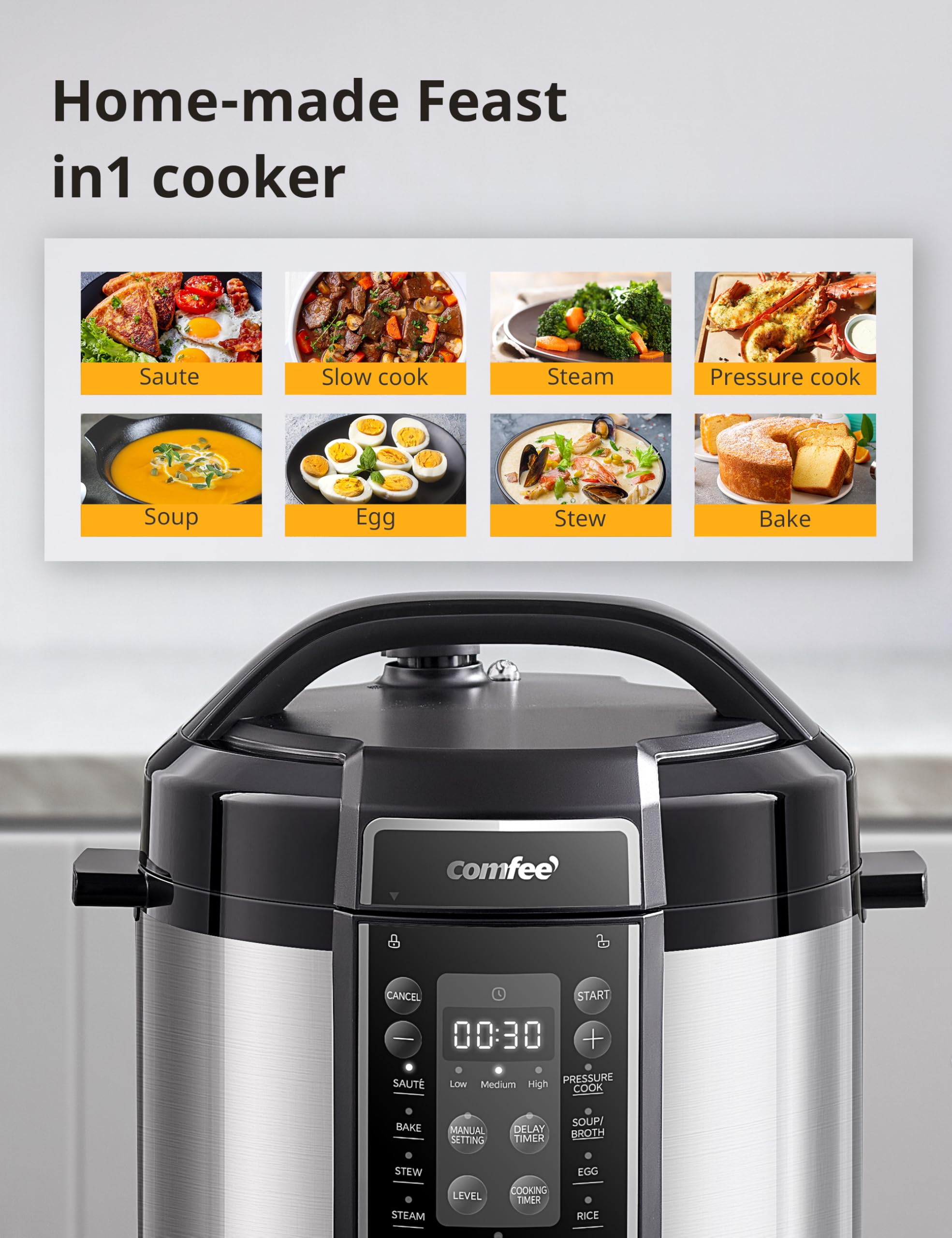 COMFEE’ Pressure Cooker 6 Quart with 13 Cooking Functions, Olla de Presion Non-Stick Pot Yogurt Maker Rice Cooker Slow Cooker Sauté Steamer, Healthy Ceramic Inner Pot