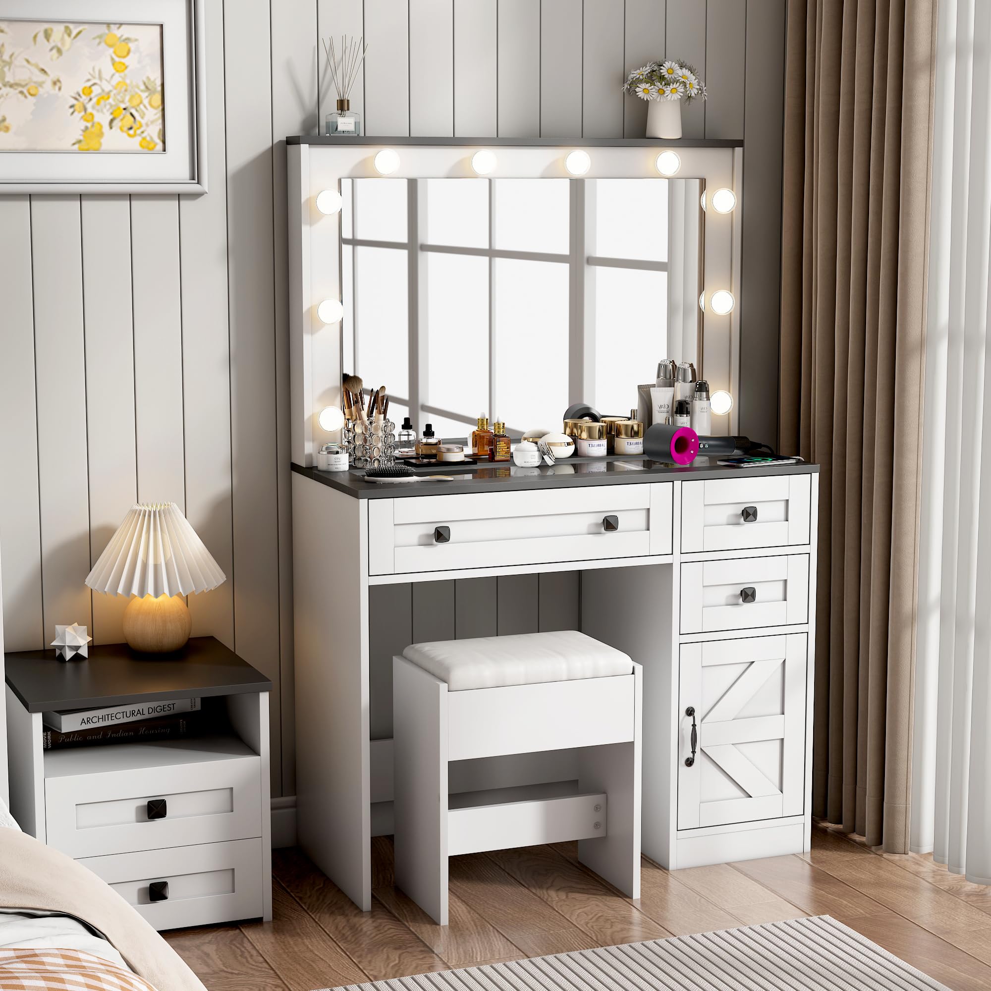 35.4" Makeup Vanity Desk with Mirror and Lights and Chair, Glass Tabletop Farmhouse White Rustic Vanity Desk, Easily Assembled 3 Color Lighting Mode Makeup Vanity for Women (Glass Top)