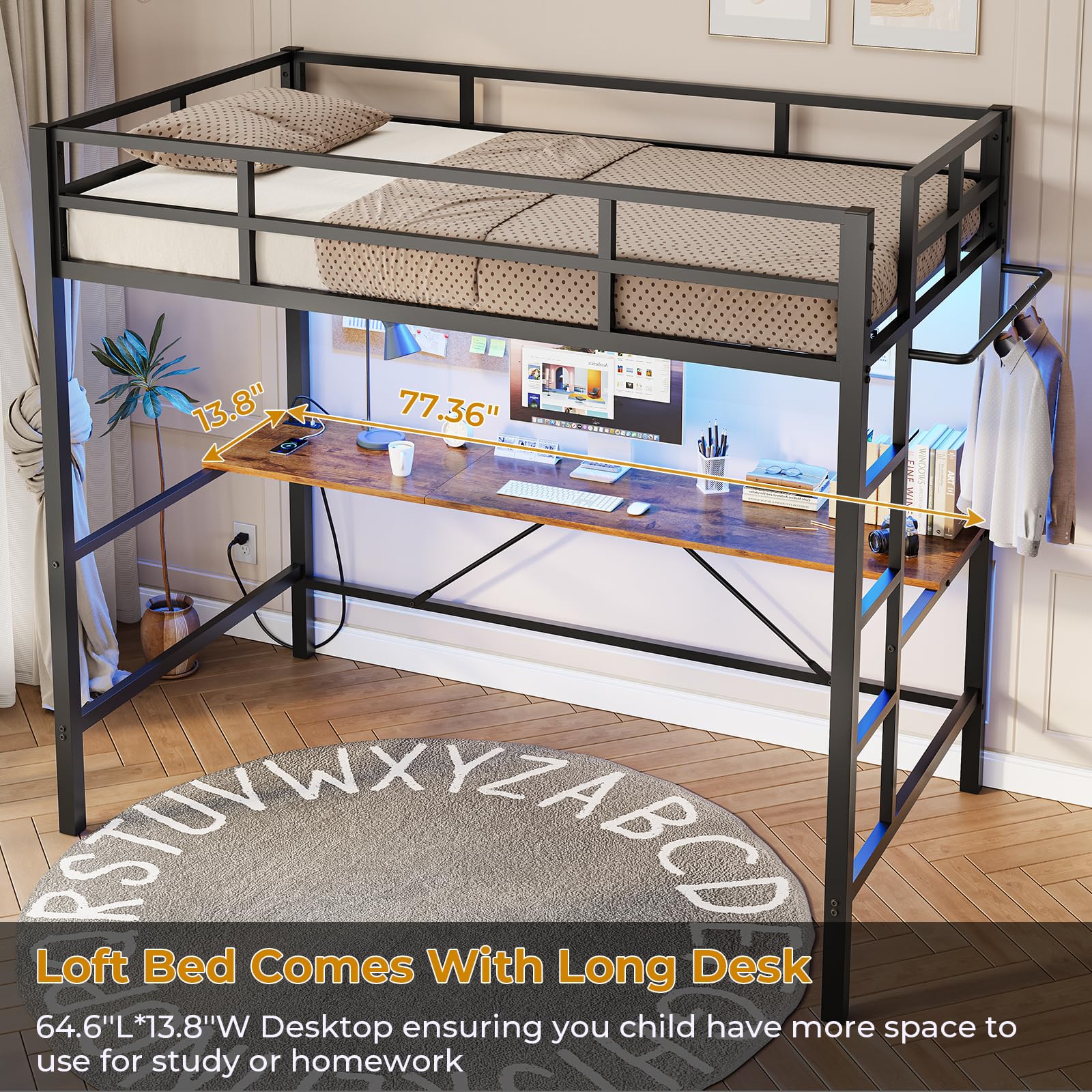 DICTAC Loft Bed Twin Size with Desk and Led Lights Twin Metal Loft Bed with Charging Station Twin Size Metal Bed Frame with Safety Guard & Ladder, Space-Saving,No Noise,No Box Spring Needed, Black