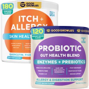 dog allergy + probiotic bundle - anti-itch skin & coat supplement + gut health & digestive support - omega 3 fish oil & probiotics - itching&paw licking + upset stomach relief - 300 chews -made in usa