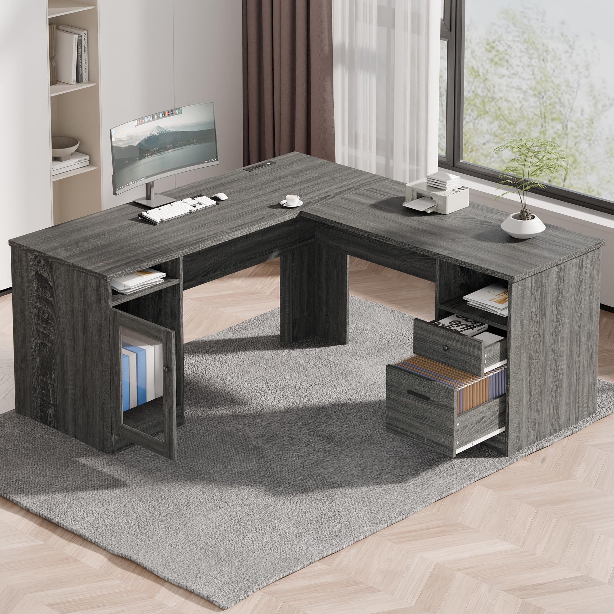 MU L Shaped Desk with File Cabinet, Corner Computer Desk with Storage Drawers, Large Home Office Table with Power Outlets, Executive Office Desk, Grey, 60 Inch