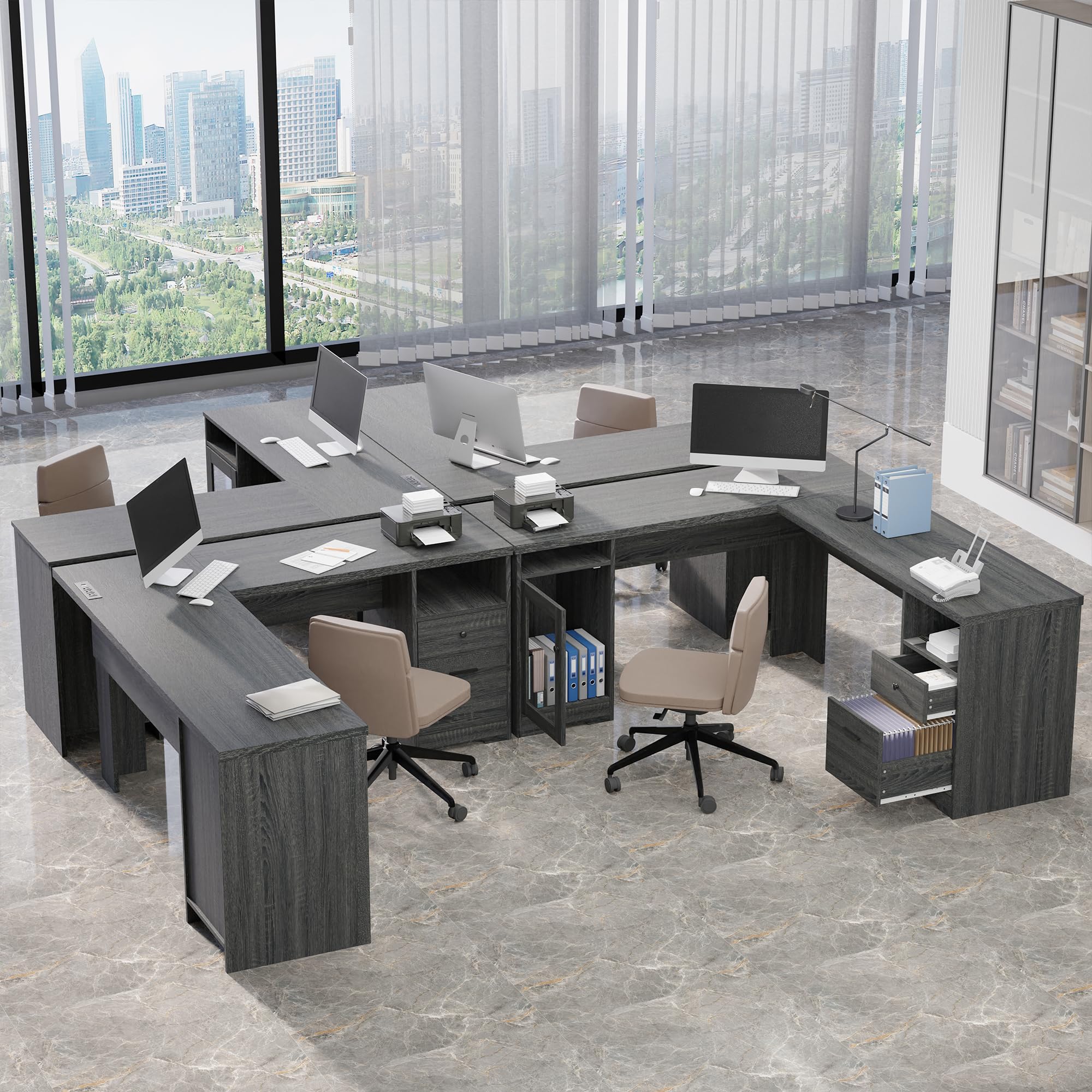 MU L Shaped Desk with File Cabinet, Corner Computer Desk with Storage Drawers, Large Home Office Table with Power Outlets, Executive Office Desk, Grey, 60 Inch