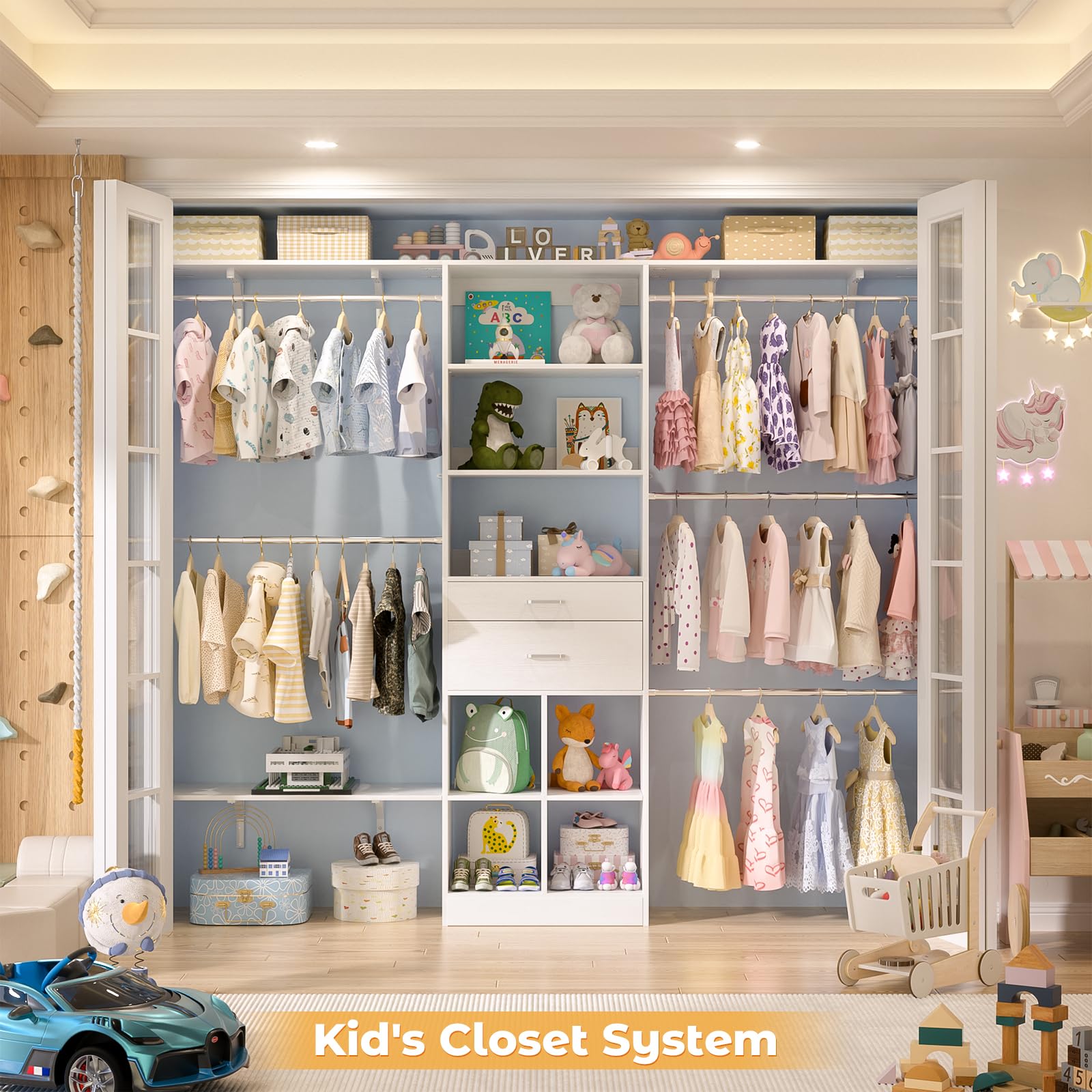 Besiost Closet System - 4.75-8FT Closet Organizer System with Wooden Drawers & Cube Storage Organizer, Up To 96" Closet Systems for Nursery & Walk-In Closets with Cuttable Hanging Shelving, White