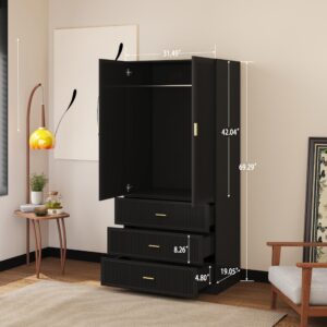 VoirStar 2 Door Armoire Wardrobe Closet with Drawers, Black Wardrobe Closet, Hanging Rod & 2 Doors & 3 Drawers, Large Capacity Storage Wardrobe Armoire for Bedroom, Black