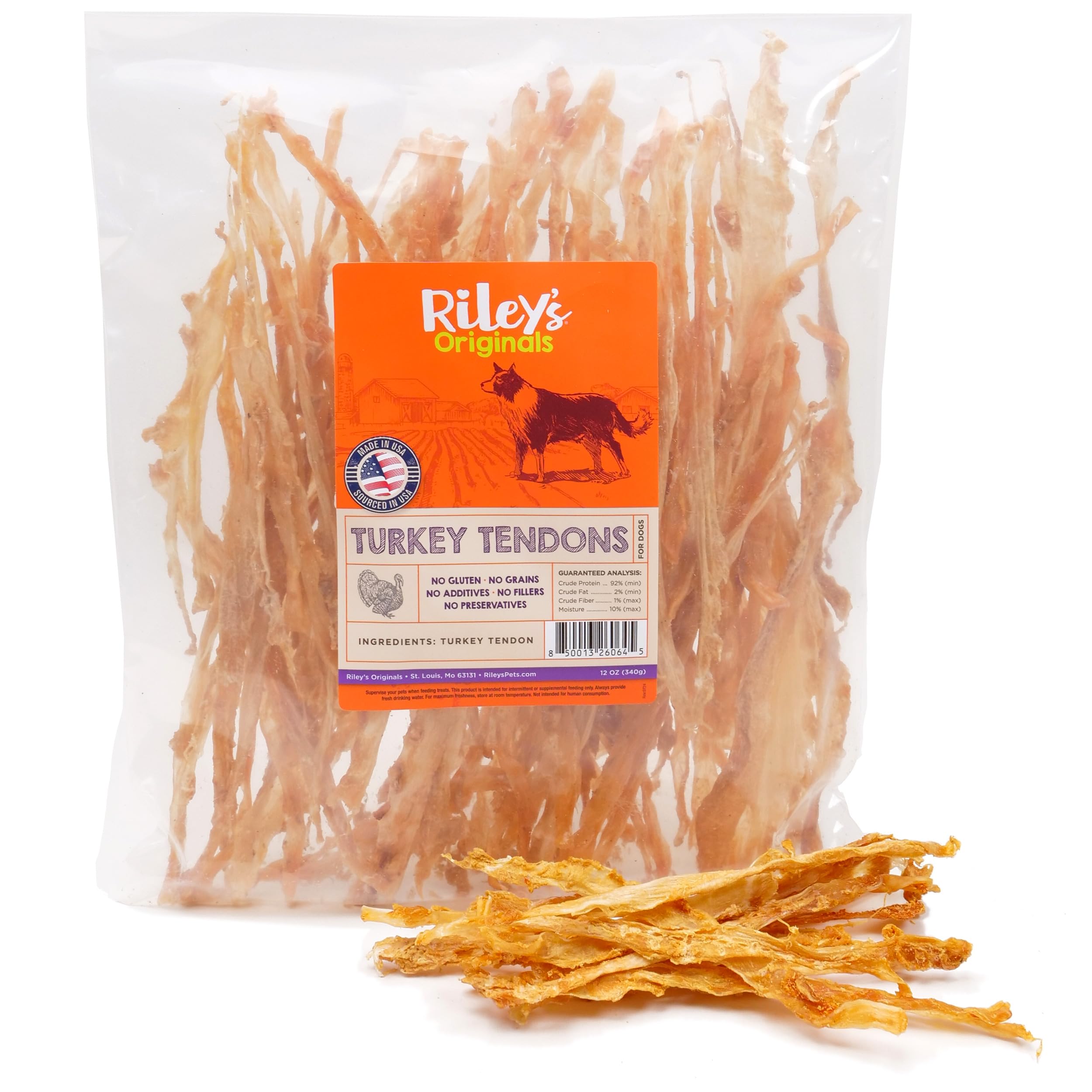 Riley's Turkey Tendons for Dogs - Dehydrated Turkey Dog Treats Made in USA - Single Ingredient Dog Treat - Turkey Tendons for Small Dogs & Large Dogs - Promotes Dog Dental Health - 12 oz