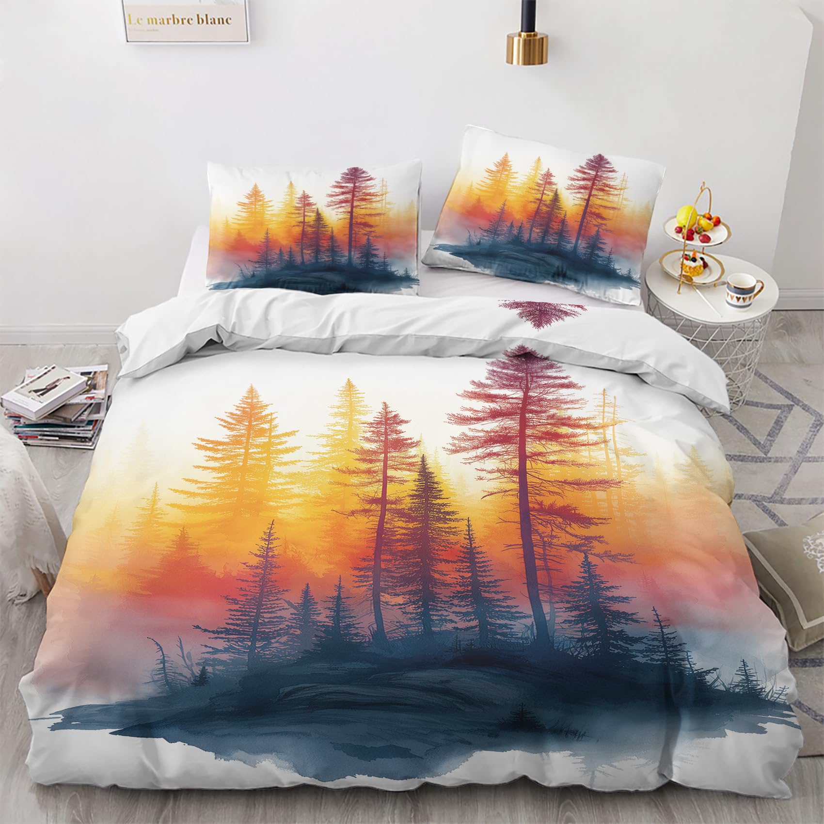 Quzepzarl Pine Tree Duvet Cover Set Queen Size, Autumn Woodland Bedding Set 3 Pieces with Zipper Closure, Watercolor Comforter Cover Soft Microfiber 1 Duvet Cover 90" x 90" and 2 Pillow Shams