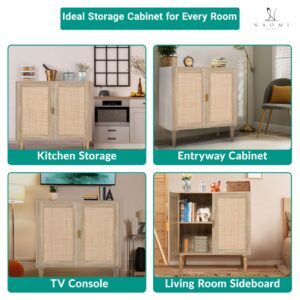 Naomi Home Valentina Accent Storage Cabinet with 2 Rattan Doors, Mid Century Natural Wood Sideboard Furniture Cabinet with Storage for Kitchen, Living Room