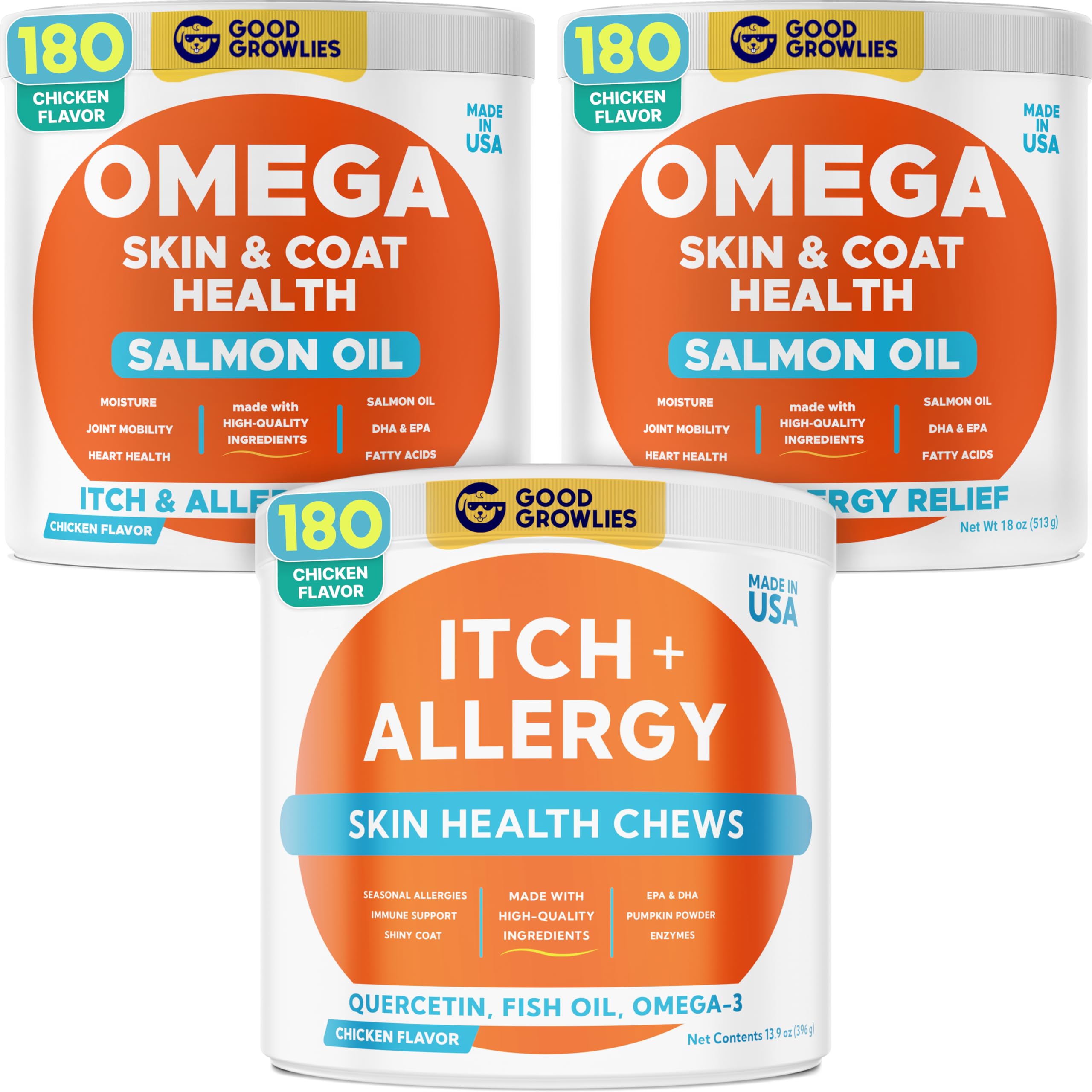 Dog Allergy + Omega 3 Bundle - Anti-Itch Skin & Coat Supplement + Allergy Support Chews - Omega 3, EPA&DHA Fatty Acids - Itching&Paw Licking Relief + Dry&Itchy Skin Treatment - 540 Chews - Made in USA