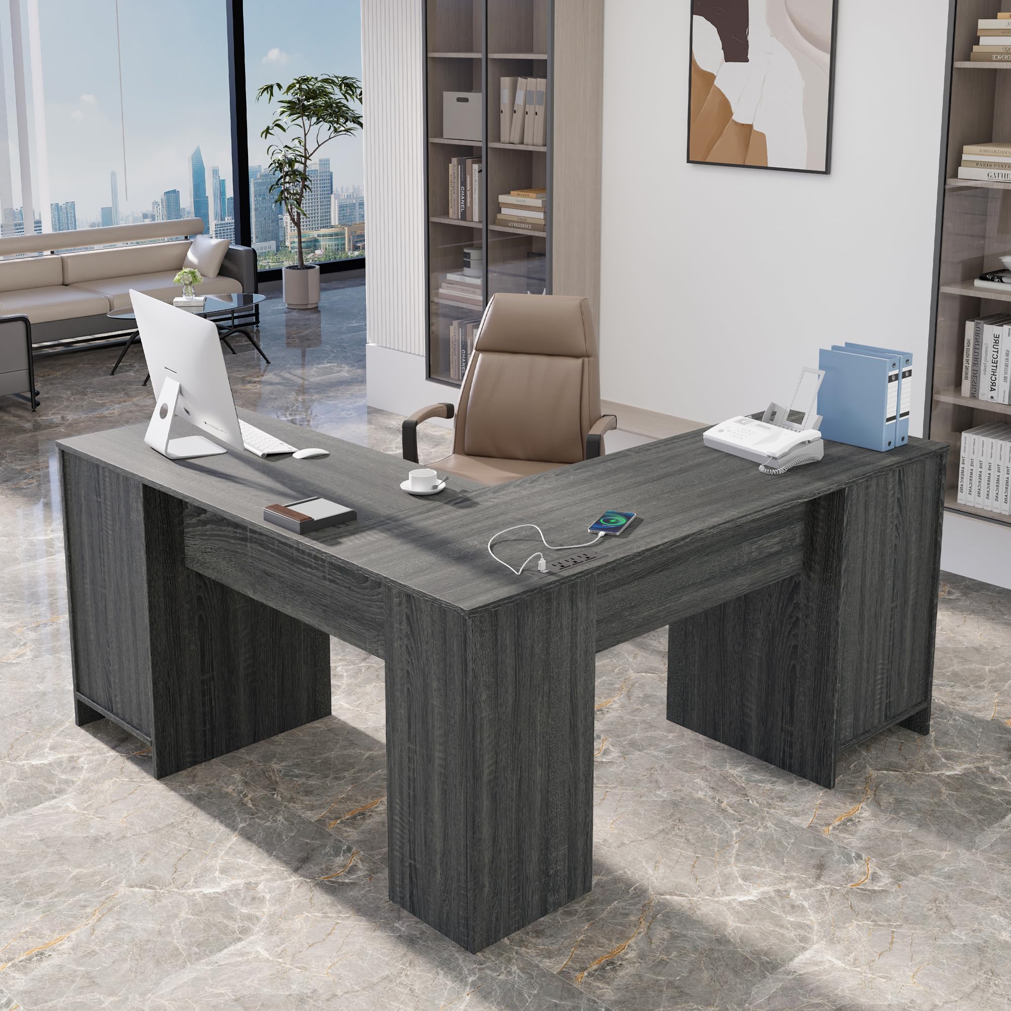 MU L Shaped Desk with File Cabinet, Corner Computer Desk with Storage Drawers, Large Home Office Table with Power Outlets, Executive Office Desk, Grey, 60 Inch