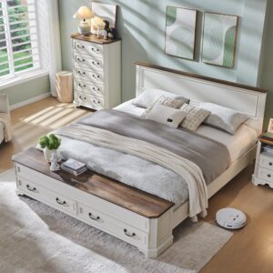 t4tream farmhouse king bed with headboard and storage bench, rustic wood platform bed with 80" storage chest w/ 4 large storage drawer, antique white