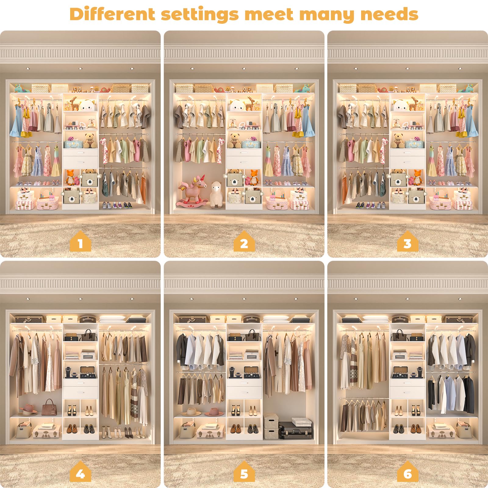 Besiost Closet System - 4.75-8FT Closet Organizer System with Wooden Drawers & Cube Storage Organizer, Up To 96" Closet Systems for Nursery & Walk-In Closets with Cuttable Hanging Shelving, White