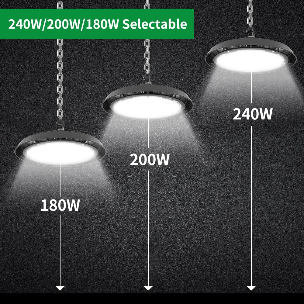 UFO LED High Bay Light with Sensor Base, 120-277Vac, 180W to 240W Adjustable Watt and CCT 3500K to 5000K, IP65 Commercial Bay Lights with 6ft Wire, 0-10V Dim Warehouse Lighting, ETL Listed, 2PK