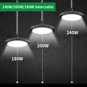 UFO LED High Bay Light with Sensor Base, 120-277Vac, 180W to 240W Adjustable Watt and CCT 3500K to 5000K, IP65 Commercial Bay Lights with 6ft Wire, 0-10V Dim Warehouse Lighting, ETL Listed, 1PK