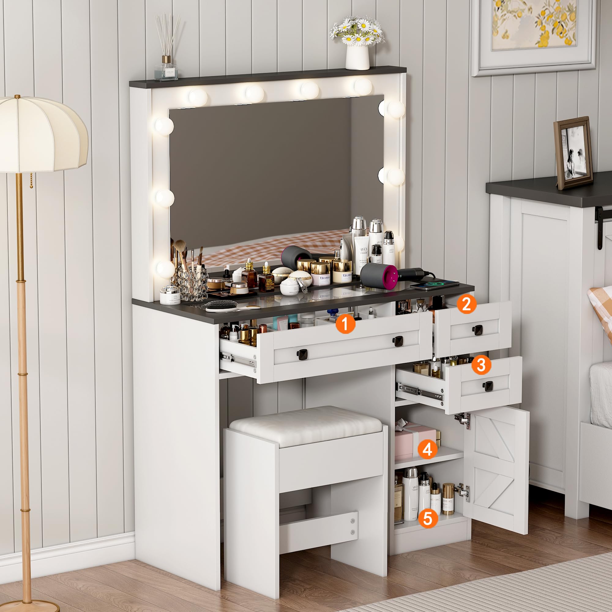 35.4" Makeup Vanity Desk with Mirror and Lights and Chair, Glass Tabletop Farmhouse White Rustic Vanity Desk, Easily Assembled 3 Color Lighting Mode Makeup Vanity for Women (Glass Top)