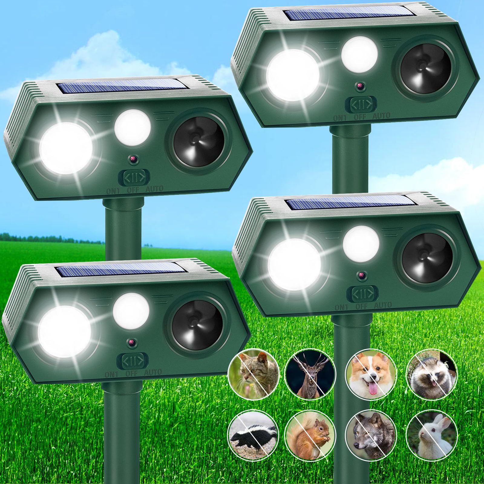 4 Pack Solar Ultrasonic Animal Repellent Outdoor Waterproof Cat Deterrent Animal Repellent with Flash Light Motion Sensor to Keep Cat Deer Raccoon Rabbit Skunk Coyote Dog Bunny Out of Yard Lawn