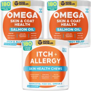 omega 3 + dog allergy bundle - skin & coat chews + anti-itch relief supplement - omega 3 fish oil, epa&dha fatty acids - itchy skin & paw licking relief + allergy support - 540 chews - made in usa