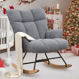 rocking chair nursery teddy, upholstered baby fluffy glider rocker for adults indoor, comfy sherpa compact nursing chairs for small spaces, living room, classroom, bedroom, darkgrey