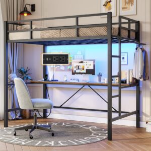 dictac loft bed twin size with desk and led lights twin metal loft bed with charging station twin size metal bed frame with safety guard & ladder, space-saving,no noise,no box spring needed, black