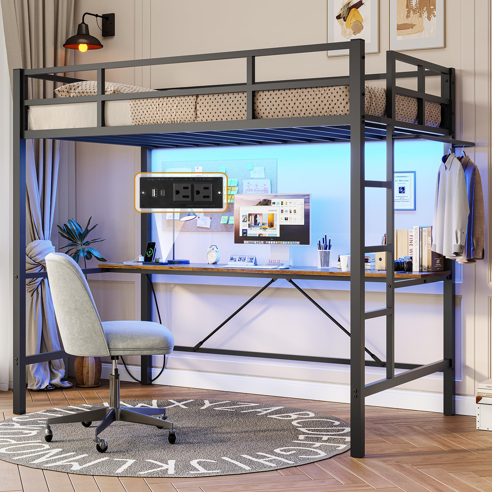 DICTAC Loft Bed Twin Size with Desk and Led Lights Twin Metal Loft Bed with Charging Station Twin Size Metal Bed Frame with Safety Guard & Ladder, Space-Saving,No Noise,No Box Spring Needed, Black