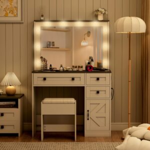 35.4" Makeup Vanity Desk with Mirror and Lights and Chair, Glass Tabletop Farmhouse White Rustic Vanity Desk, Easily Assembled 3 Color Lighting Mode Makeup Vanity for Women (Glass Top)