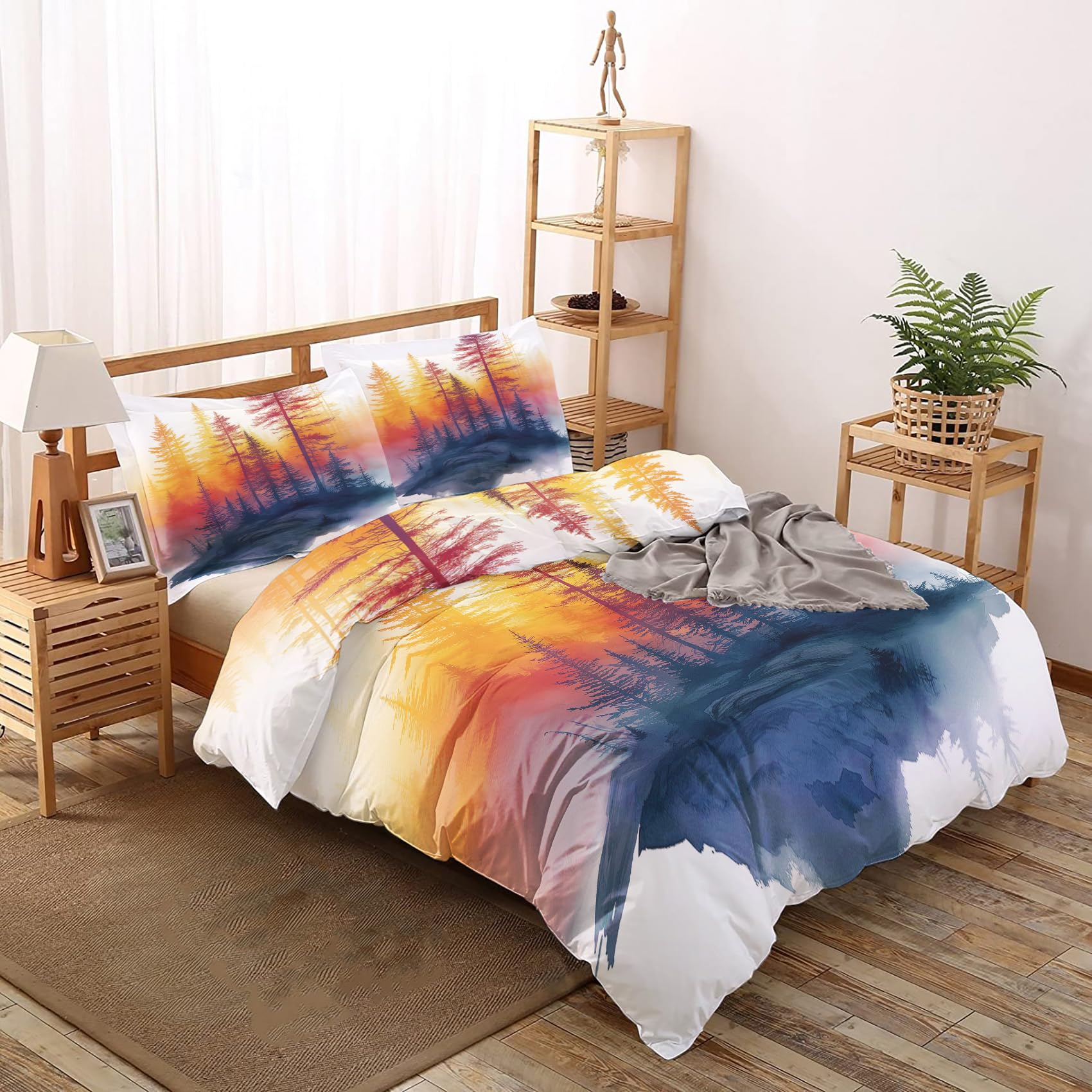 Quzepzarl Pine Tree Duvet Cover Set Queen Size, Autumn Woodland Bedding Set 3 Pieces with Zipper Closure, Watercolor Comforter Cover Soft Microfiber 1 Duvet Cover 90" x 90" and 2 Pillow Shams