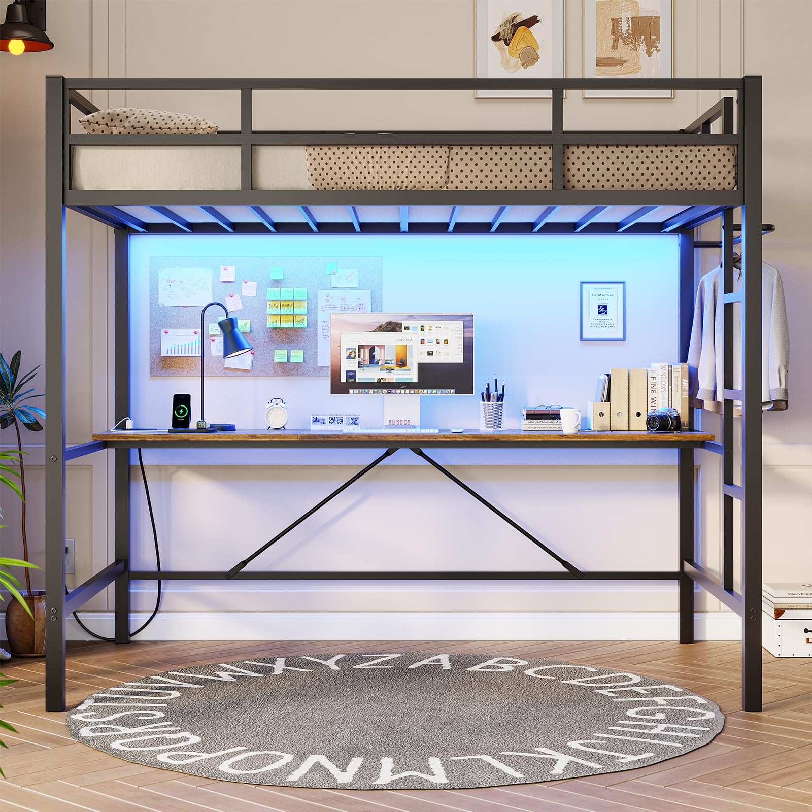 DICTAC Loft Bed Twin Size with Desk and Led Lights Twin Metal Loft Bed with Charging Station Twin Size Metal Bed Frame with Safety Guard & Ladder, Space-Saving,No Noise,No Box Spring Needed, Black