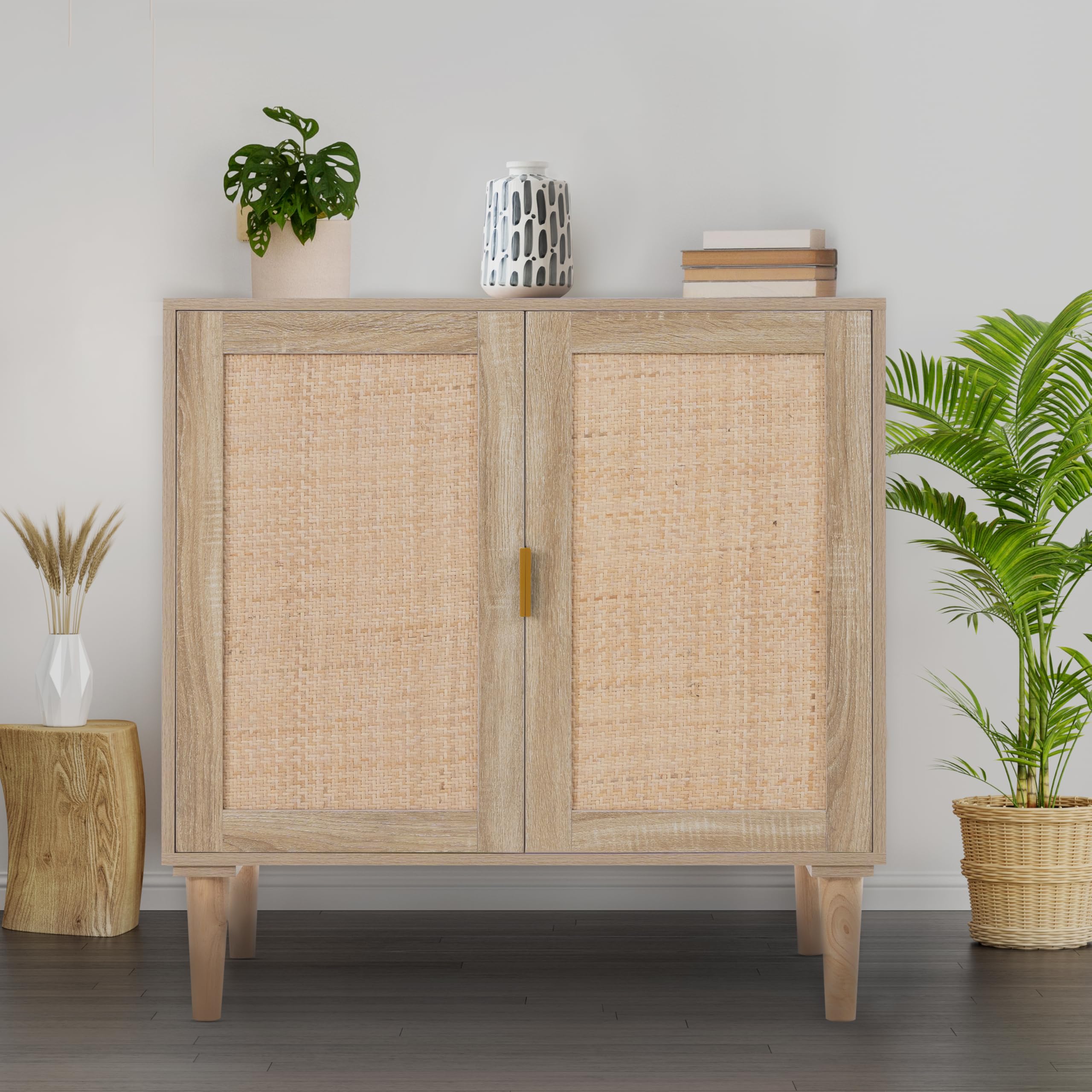 Naomi Home Valentina Accent Storage Cabinet with 2 Rattan Doors, Mid Century Natural Wood Sideboard Furniture Cabinet with Storage for Kitchen, Living Room