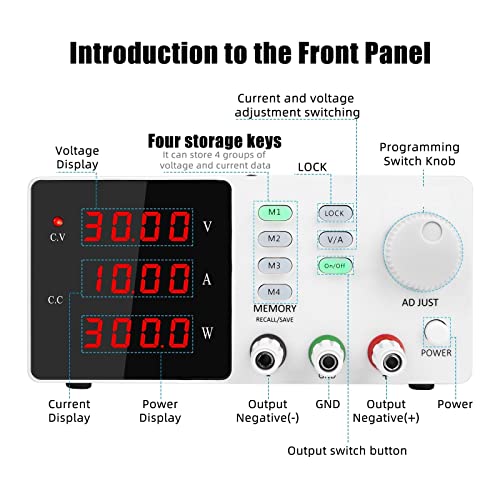 Programmable Memory Function Adjustable DC Power Supply 30V 10A Lab Bench Source Current Stabilized Voltage Regulator(White)