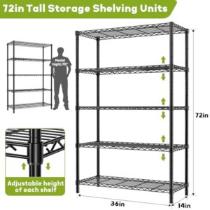 MODCART Storage Shelves, 36" L x 14" W x 72" H Heavy Duty Garage Wire Shelving Unit Loads 1750LBS, 5-Tier Adjustable Metal Industrial Utility Shelf Rack for Kitchen, Laundry Room, Basement