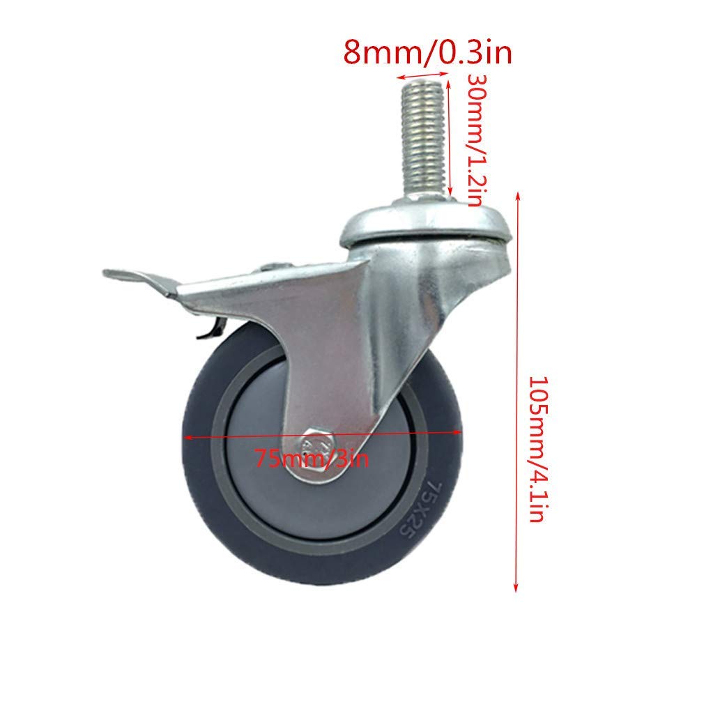 Rubber Swivel Castor Wheel,Furniture Caster,Single Bearing Castor,Metal Bracket,Universal 360 Degree Rotating,Prote(Brake,M8)