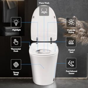 Star20XX Luxury Smart Toilet With Dryer And Warm Water, Elongated Bidet Toilet With Heated Seat, With Remote Control, Led Night Light, Power Outage Flushing, Soft Close Cover, Whit (White) (1 Seat)