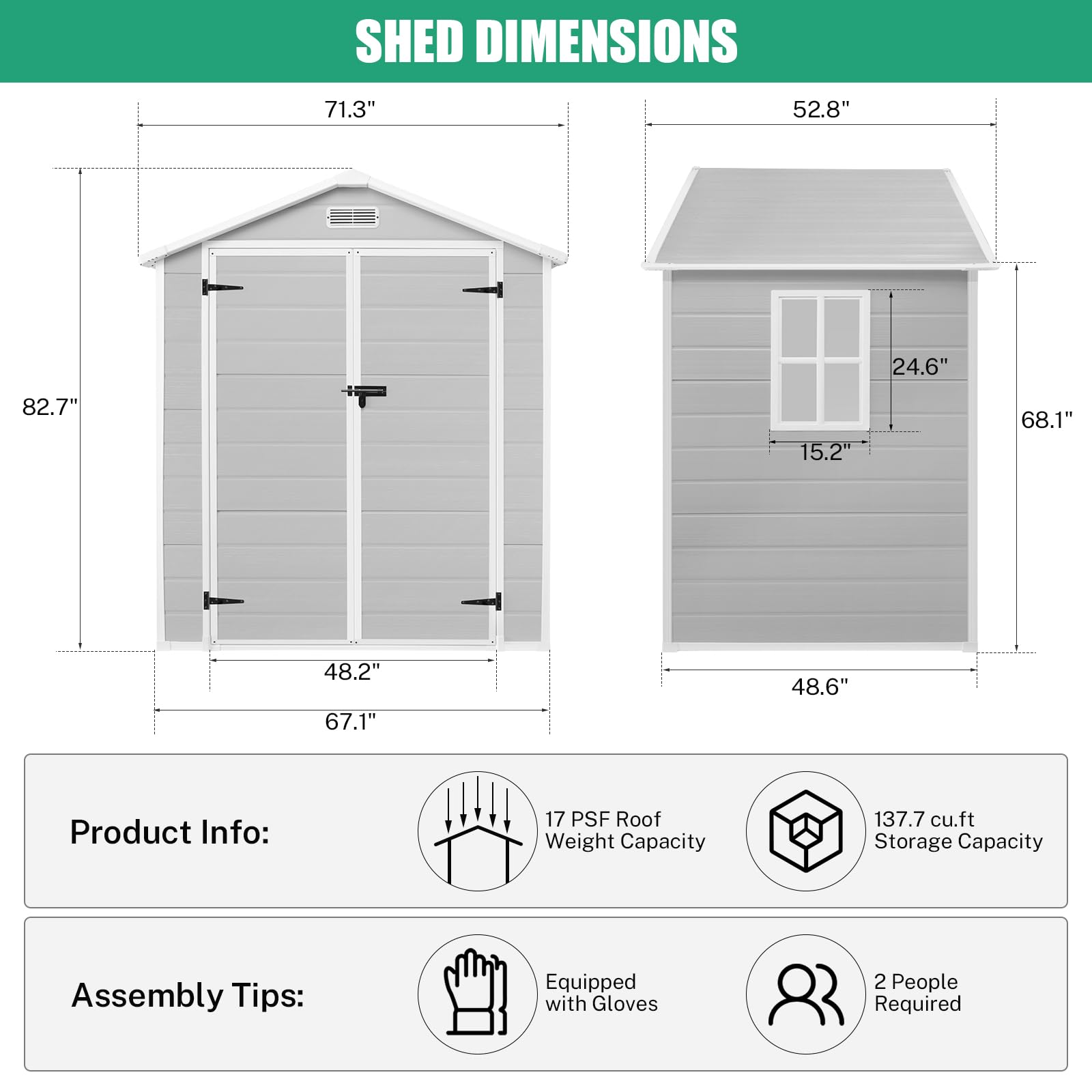 Seizeen 6x4.4ft Resin Shed with Floor, Waterproof Outdoor Plastic Garden Shed with Lockable Doors, Window & Vents, Outdoor Storage Shed for Storing Patio Furniture, Tools, Bike and Lawn Mower (Gray)